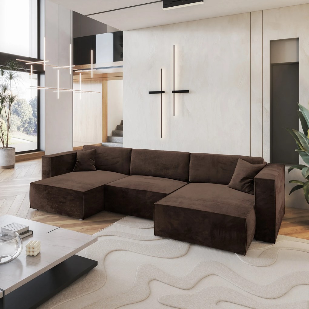 Masseno Narożnik SARMO z funkcją spania i pojemnikiem na pościel Narozniki U, Rozkładana sofa - Brązowy, MONOLITH 29
