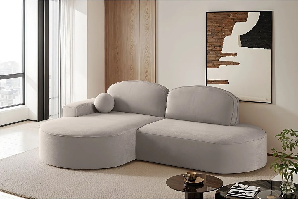 Narożnik z funkcją spania i pojemnikiem Modena Runden, tkanina Salvador, Jasnobeżowy, Lewy