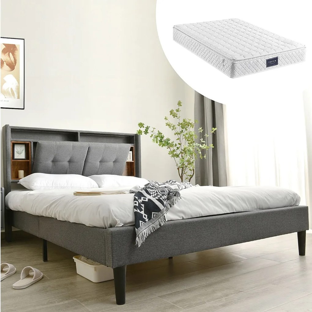 Łóżko dla dorosłych 140 x 200 cm - Zagłówek ze schowkiem i portem USB - len szary - materac w zestawie