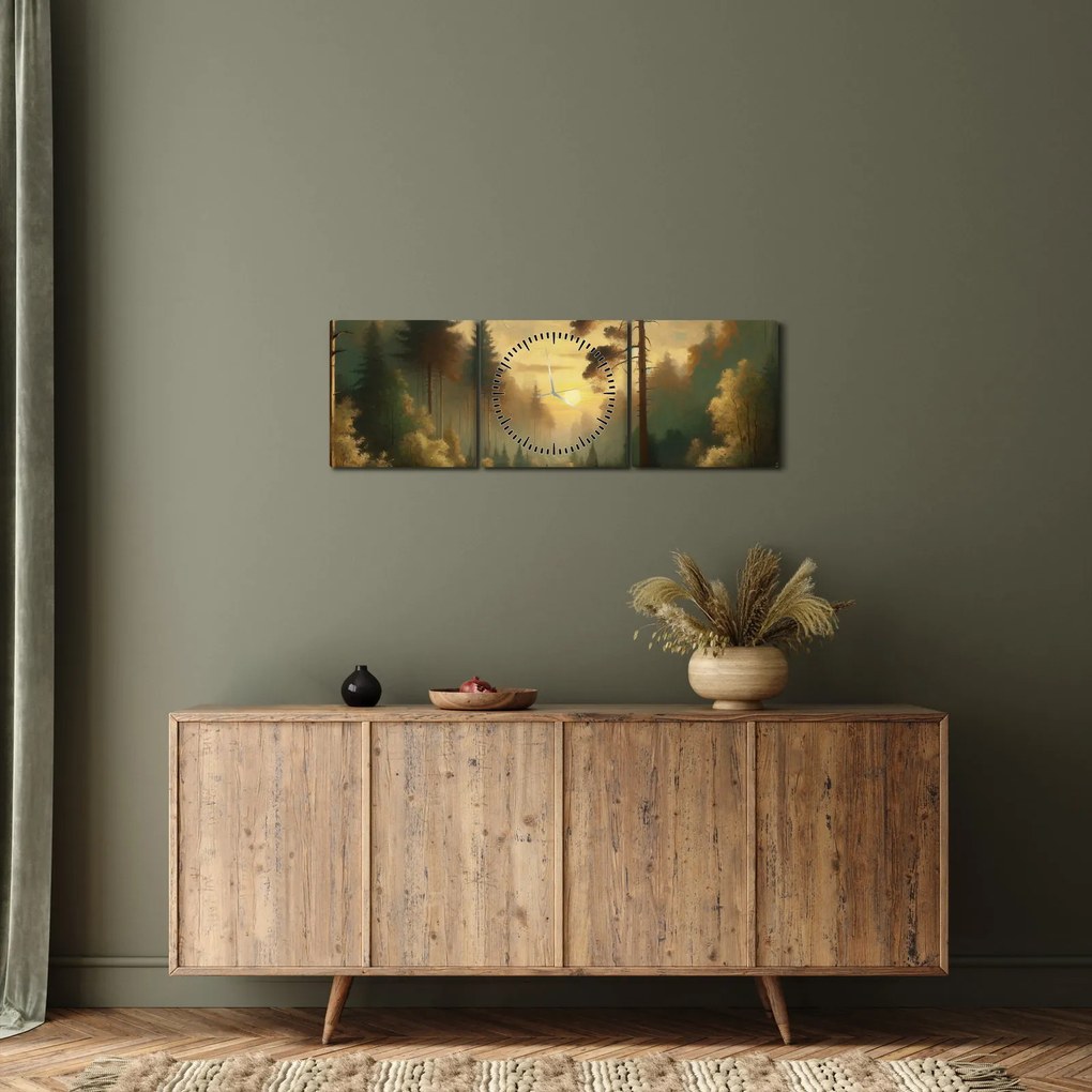 Obraz - Słońce świecące przez las (z zegarem) (90x30 cm)