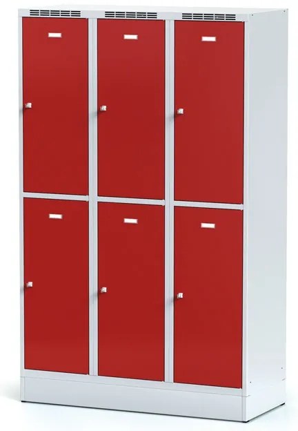 Szafka skrytkowa S6 na cokole, 6 schowków, 1920 x 1200 x 500 mm, zamek obrotowy, drzwi czerwone