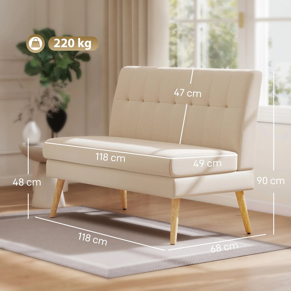 HOMCOM Sofa 2-osobowa, pikowane oparcie, nogi drewniane, grube wypełnienie, efekt lnu, do małych pomieszczeń, beżowy | Aosom PL