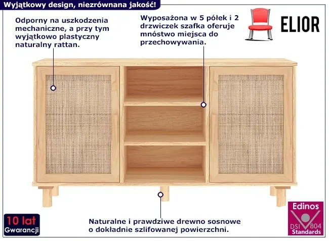 Brązowa komoda z półkami w stylu boho - Lucda 5X