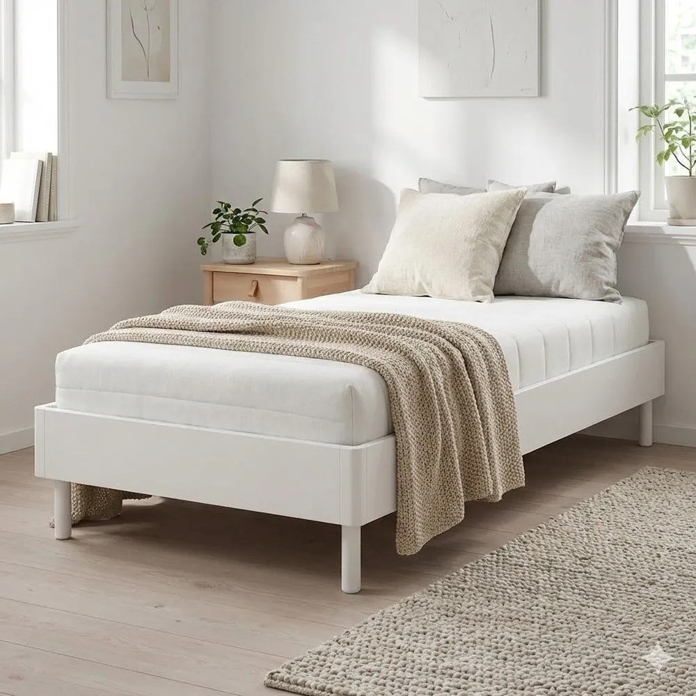 Białe łóżko jednoosobowe z litego drewna bukowego bez zagłówka ze stelażem 90x200 cm Forrest – Vipack