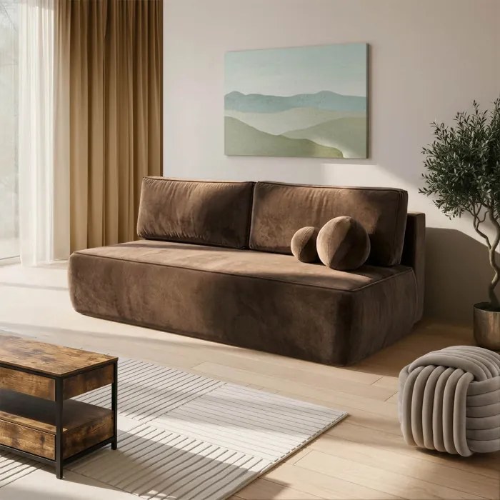 Sofa z Funkcją Spania ARVETO Brązowa Welurowa Nowoczesna