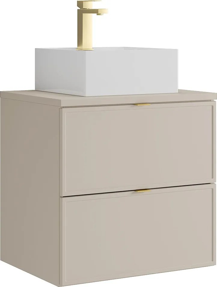 Wisząca szafka łazienkowa z nablatową umywalką kwadratową i baterią - Beżowa - 60 cm - ONDIL