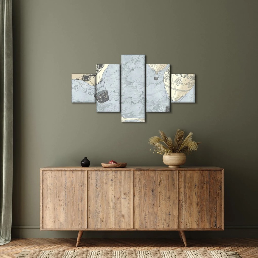 Obraz - Balony nad miastem, zimne odcienie (125x70 cm)