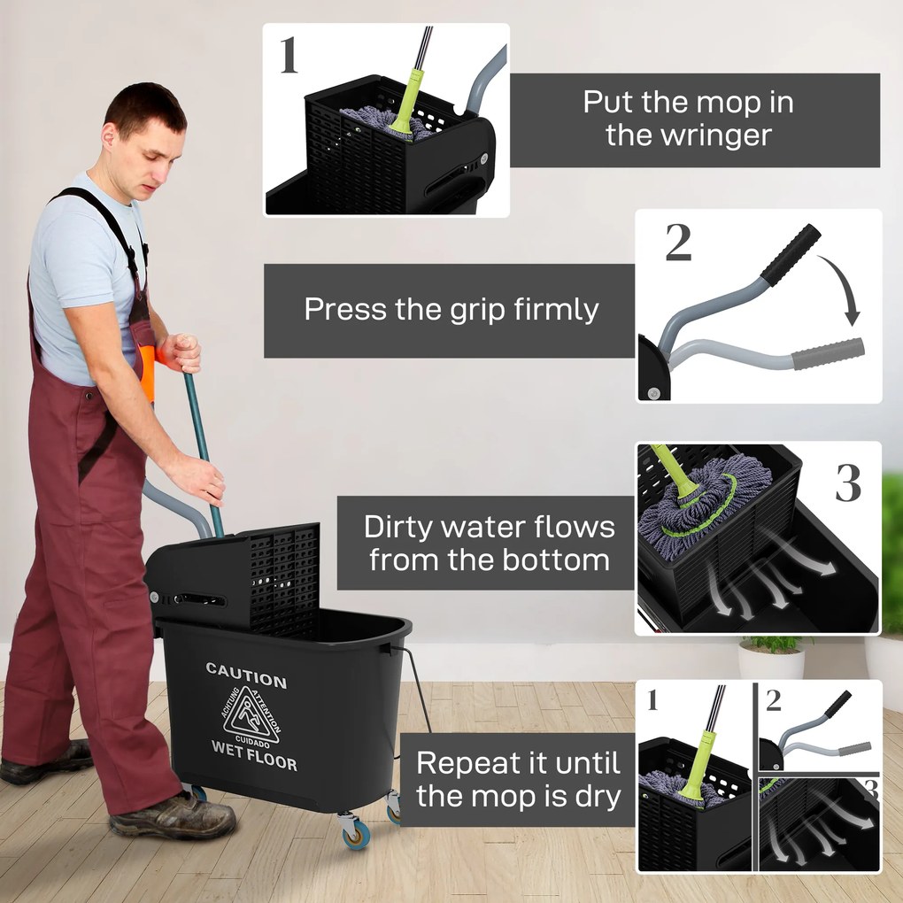 HOMCOM 20L Wiadro z wyciskaczem i uchwytem na kółkach do mopa, Tworzywo sztuczne, Czarne