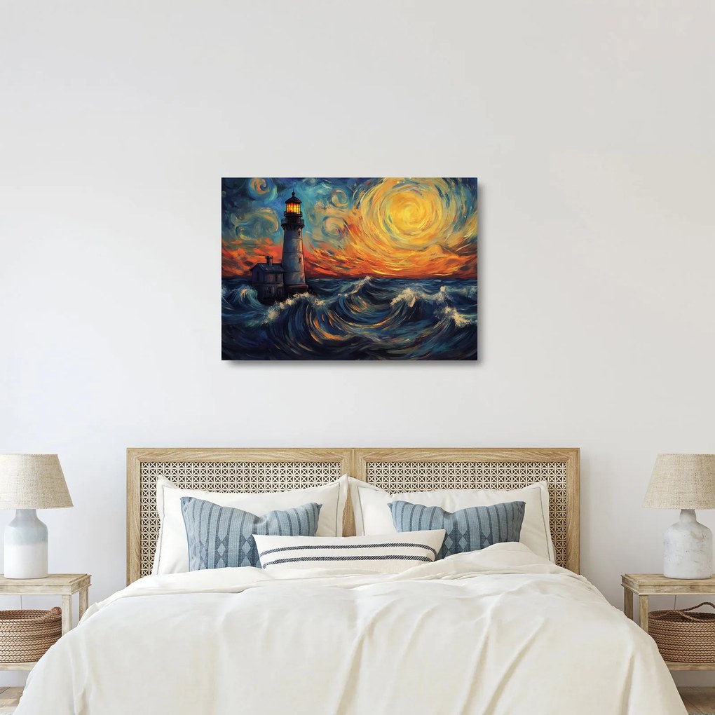 Obraz na szkle - Latarnia morska w falach (70x50 cm)