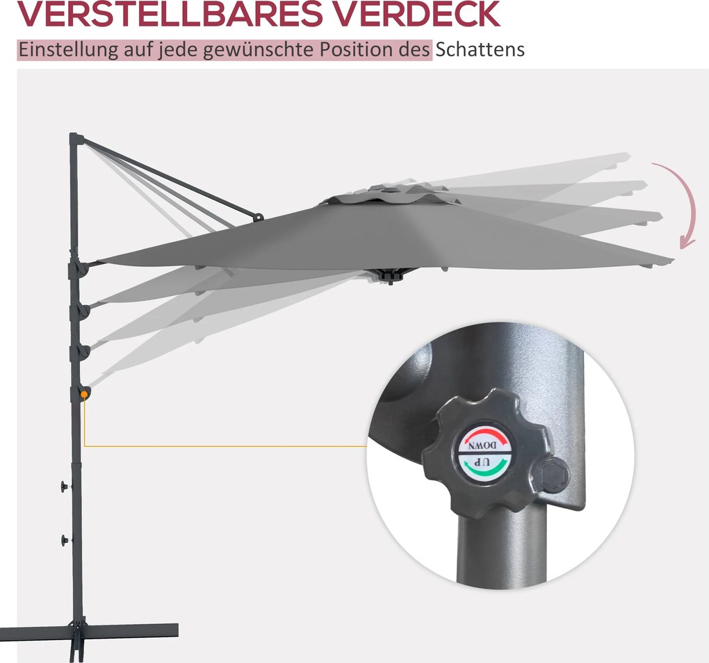 Outsunny Parasol Ogrodowy 3m Korba Regulowany Obrotowy Metal Ciemnoszary | Aosom PL