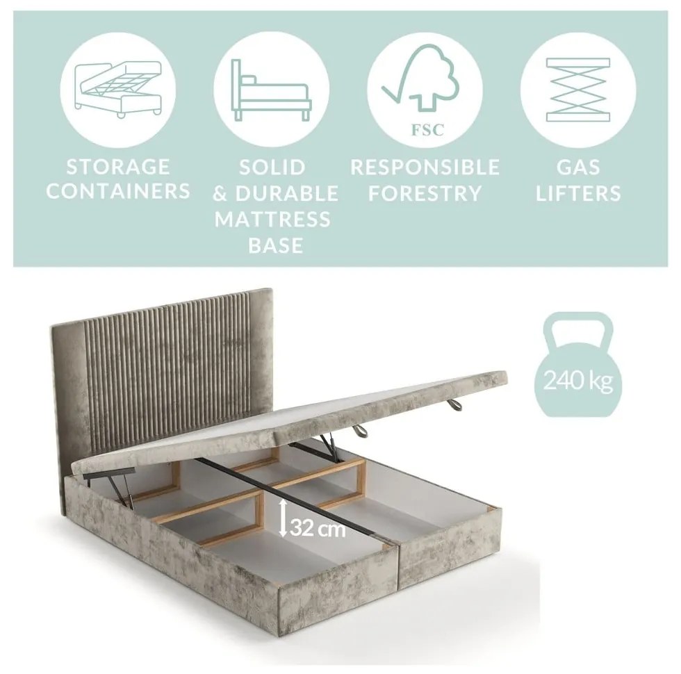 Szare tapicerowane łóżko dwuosobowe ze schowkiem 200x200 cm Mavel – Maison de Rêve