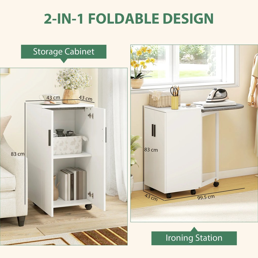 HOMCOM 2-w-1 składana szafka na deskę do prasowania na kółkach z deską do prasowania i regulowaną półką do małych pomieszczeń, Biała | Aosom PL