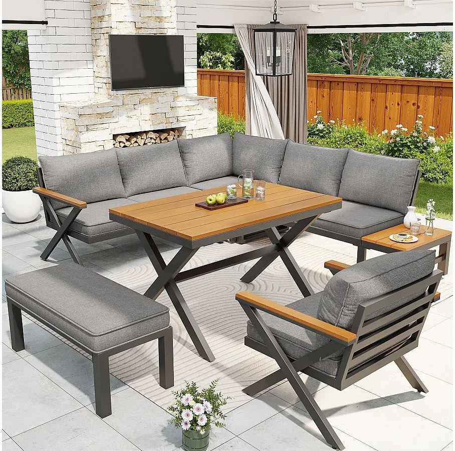 Salon ogrodowy, zestaw mebli na 6-7 osób - kanapa narożna - z żelaza ocynkowanego - stoły jadalniane z tworzywa drewnopodobnego - fotele - ławka, Szary