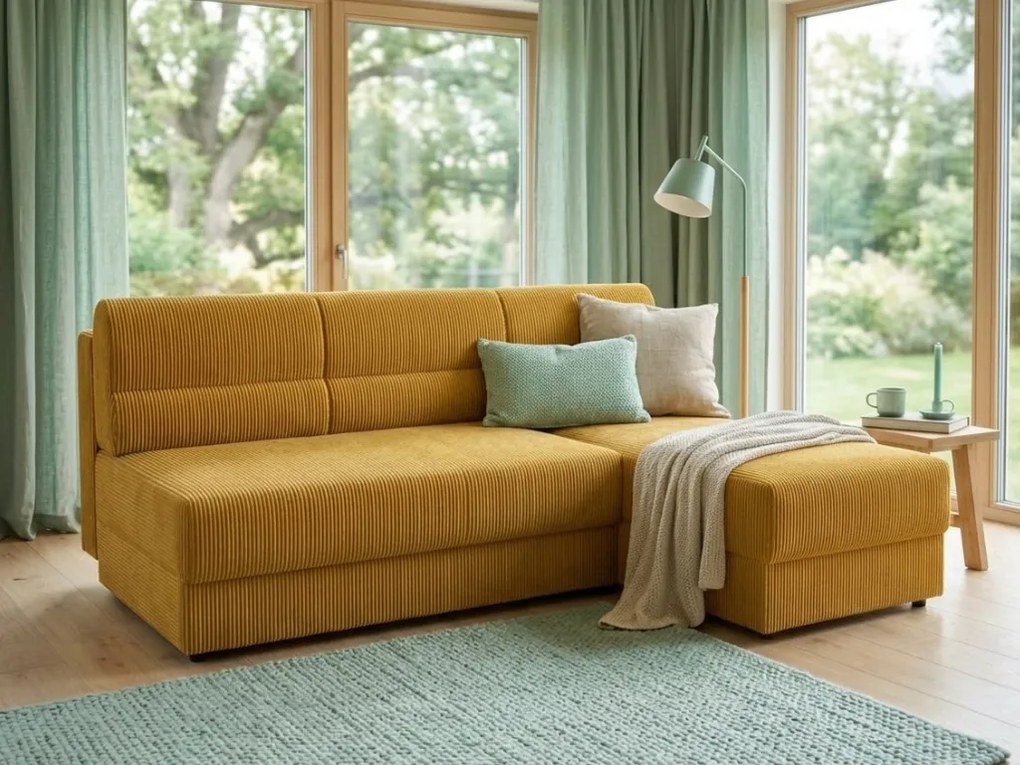 Rozkładana narożna sofa TAVERO SLIM 201x140 cm, musztardowa, uniwersalna