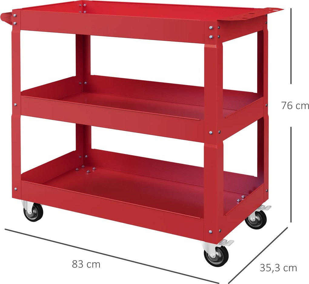 DURHAND 3-poziomowy wózek narzędziowy, 4 koła, stal, 83S x 35,3G x 76W cm, Czerwony