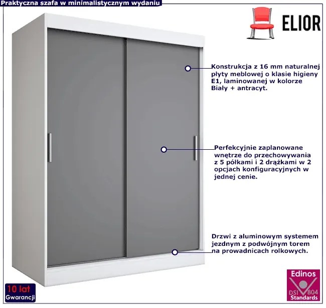 Szafa przesuwna 150 cm biały + antracyt - Erco 4X