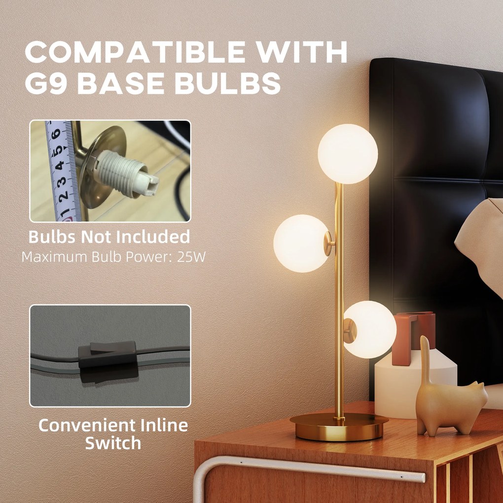 HOMCOM Lampa stołowa z 3 kulistymi kloszami, z solidną stalową podstawą, oprawki G9, 24 x 24 x 53 cm, mosiężny