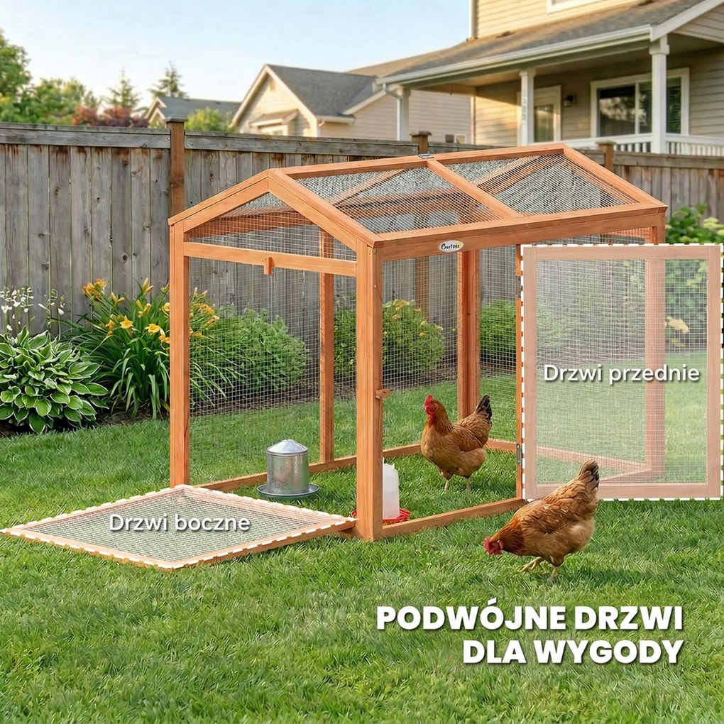 PawHut Kurnik Woliera z Grzędą i Podwójnymi Drzwiami, z Drewna i Metalu, dla 2 Kur, 104 x 70,5 x 84 cm, Pomarańczowy | Aosom PL