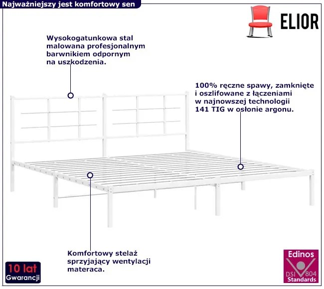Białe metalowe łóżko małżeńskie 180x200 cm - Laxo