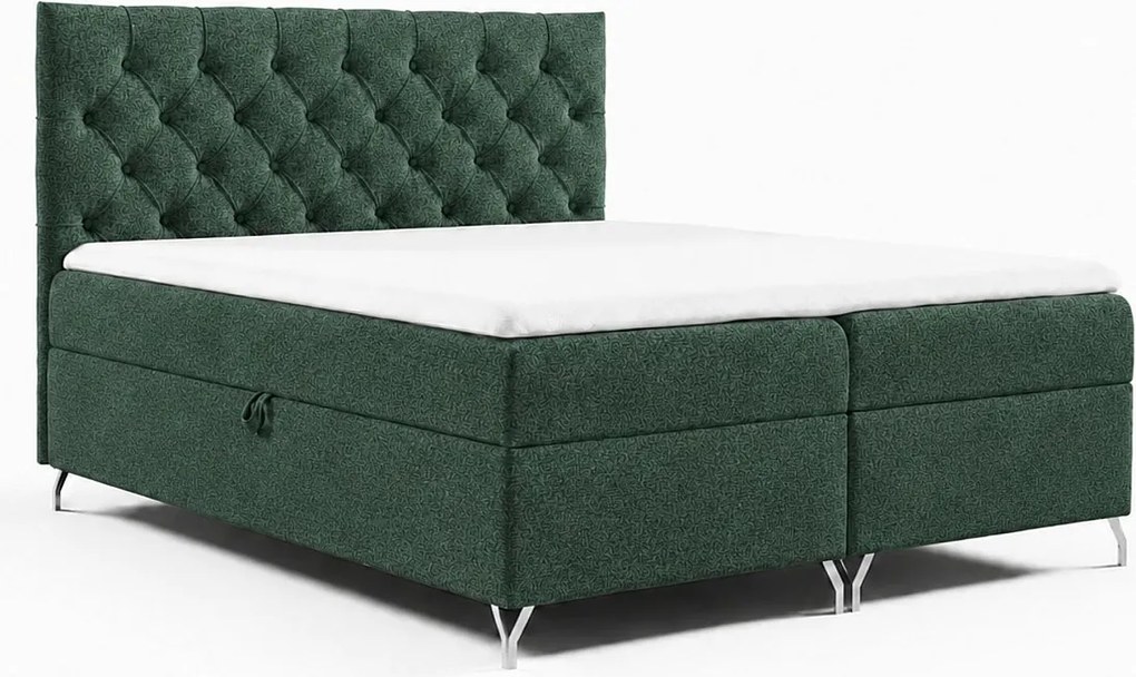 Łóżko kontynentalne GracePLUS-200x200cm z pojemnikami na pościel|Topper|Dwuosobowe|Tapicerowane|Glamour|Vintage|srebrne nogi 12cm-Zielony