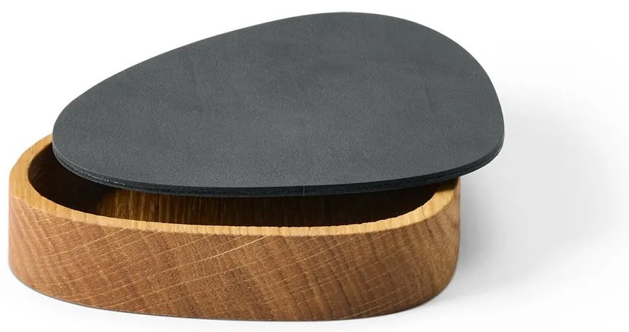 Antracytowo-naturalny drewniany/ze skóry ekologicznej pojemnik dekoracyjny z pokrywką 14x12,5x3,5 cm Curve Nupo – LIND DNA