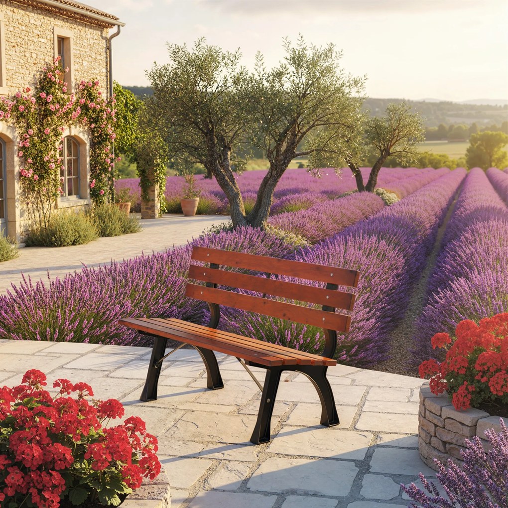 Outsunny Ławka dla 2 osób, do ogrodu i tarasu, Żeliwo + Drewno naturalne, 120 x 57 x 70 cm, Brązowy