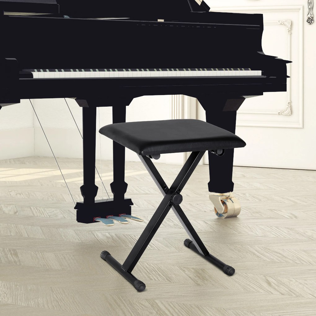HOMCOM Stołek fortepianowy z regulacją wysokości Składany taboret do pianina Metal Sztuczna skóra Czarny 39 x 29 x 45–51 cm | Aosom PL