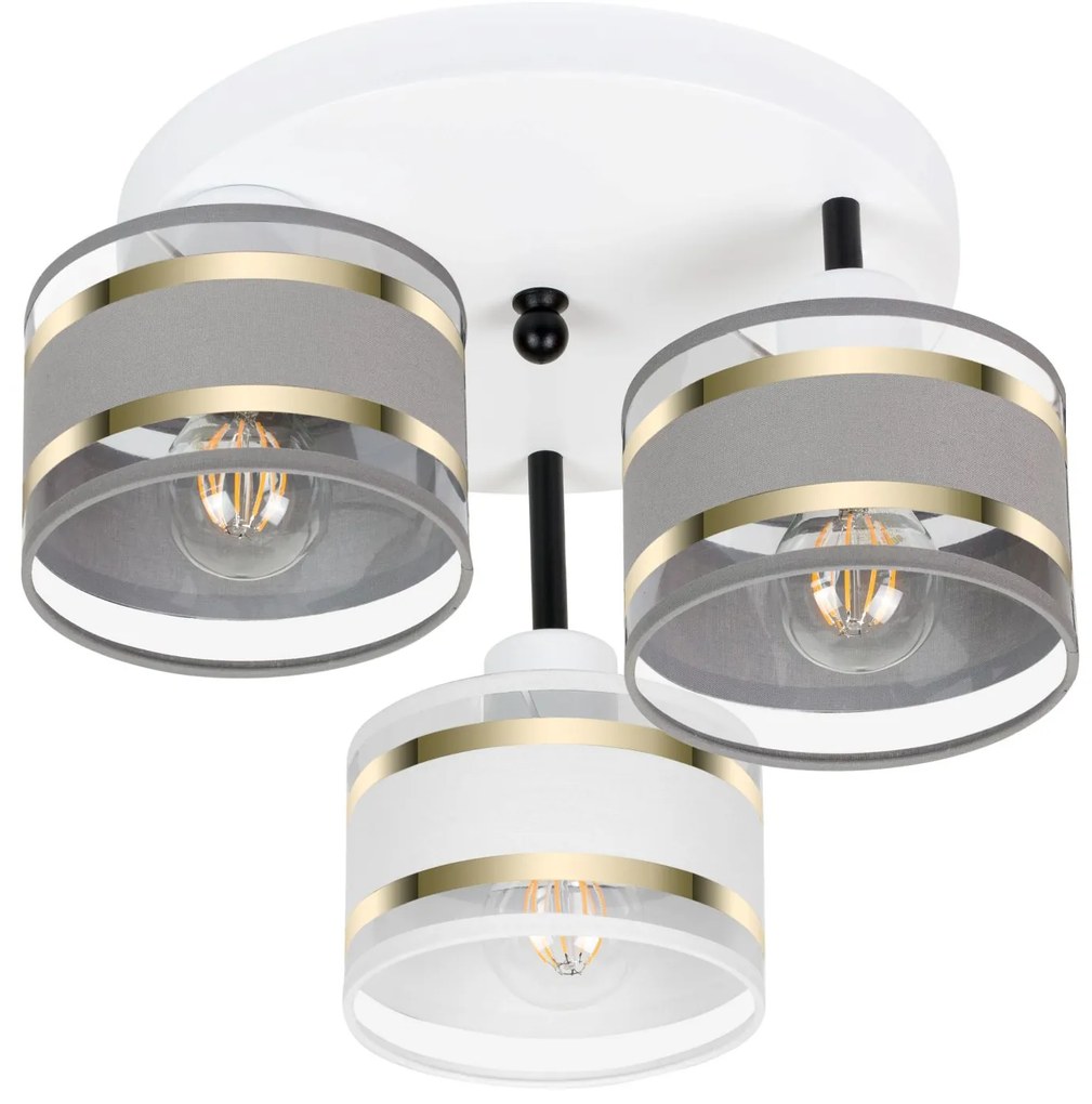 Lampa sufitowa biała trzypunktowa z szaro-białymi abażurami T-3030WE-G