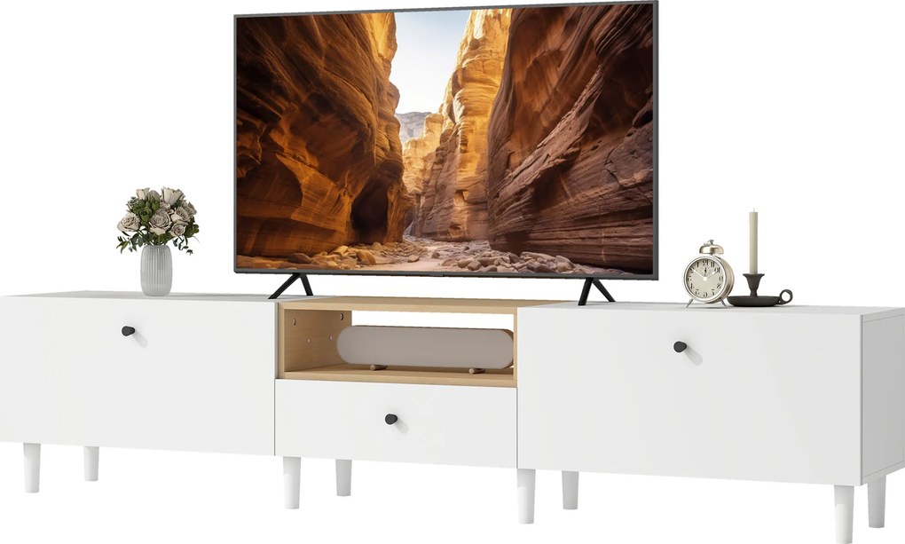 HOMCOM Komoda RTV 200 cm do telewizorów do 228,6 cm, 2 klapy, otwarta półka, szuflada, 8 nóg, płyta wiórowa, biały