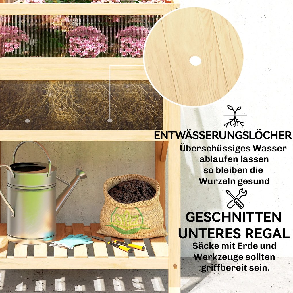 Outsunny Podwyższona grządka z nasadką szklarniową z drewna Skrzynka do sadzenia ze szklarnią składana boczna półka dolna półka Drewno naturalne | Aosom PL