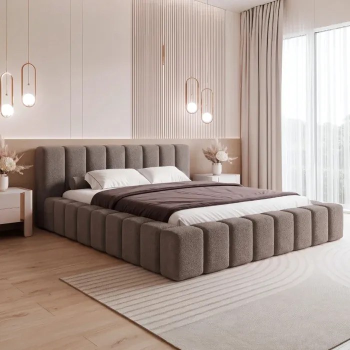 Łóżko Tapicerowane 160x200 cm CADORA z Pojemnikiem Brązowe Boucle Glamour