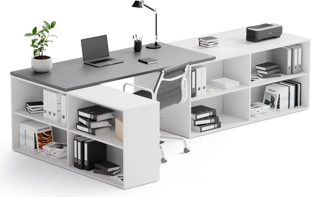 Biurko z przestrzenią do przechowywania BLOCK B02, 320x160 cm, biały/grafit