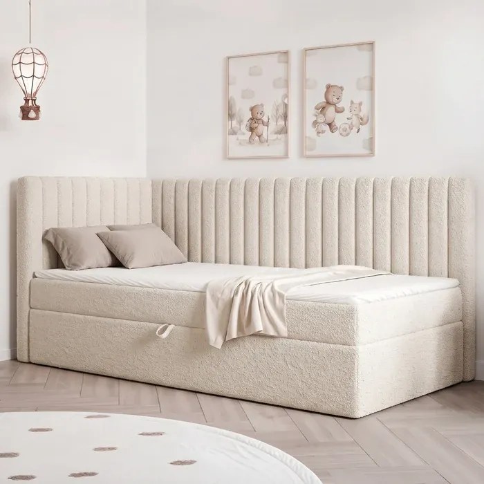 Łóżko Tapicerowane 90x200 cm NIVO Młodzieżowe Lewostronne Kremowe Boucle Skandynawskie