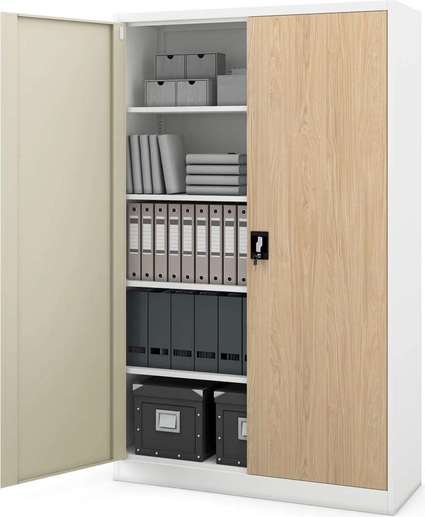 Szafa biurowa metalowa na akta, szeroka, biała/dąb sonoma, 1150x1850x400 mm: JAN II Eco Design