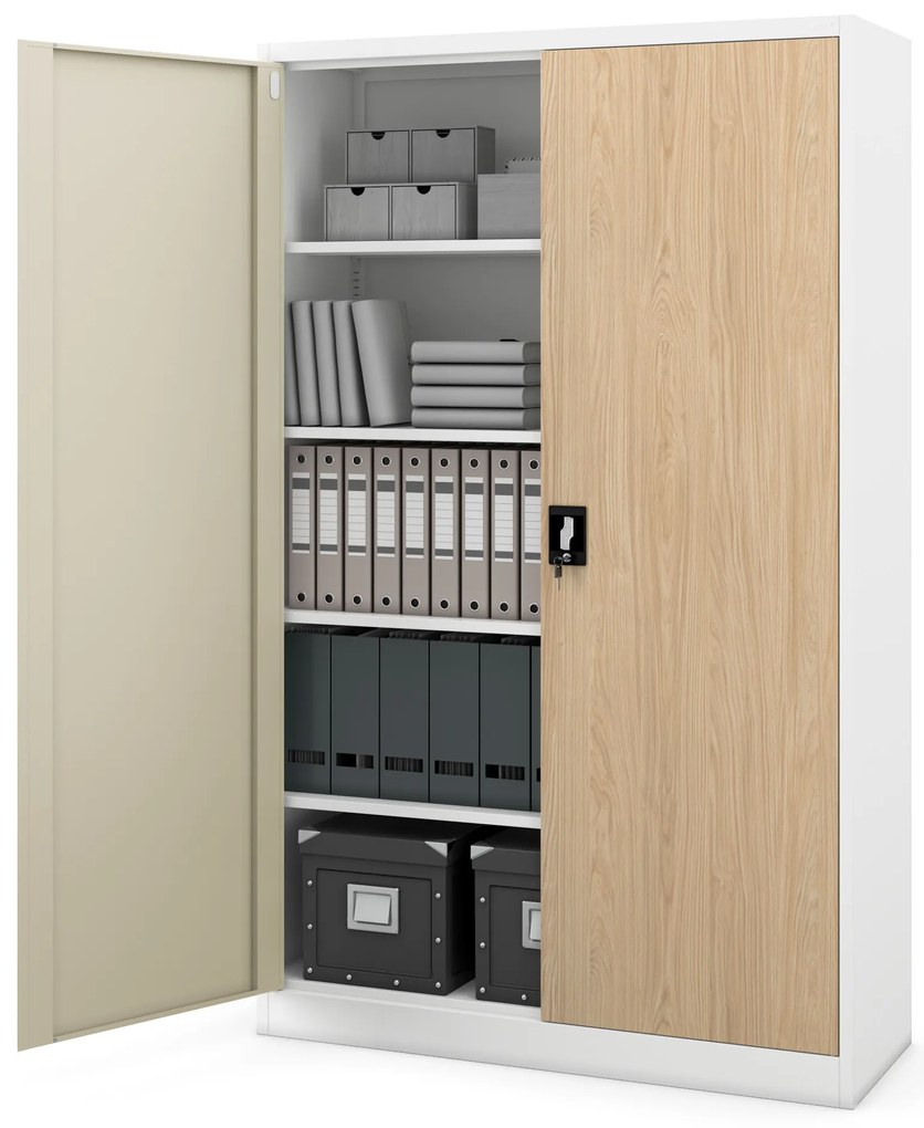 Szafa biurowa metalowa na dokumenty JAN II, Eco Design: biała/dąb sonoma