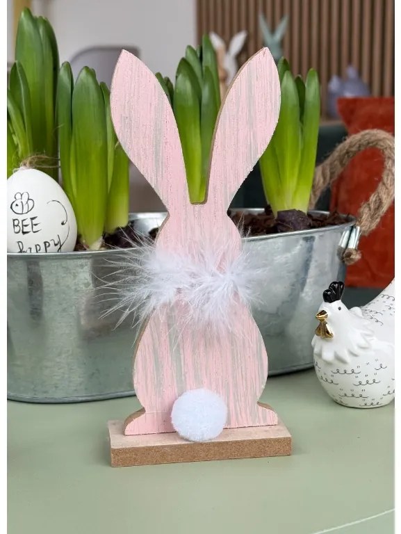 Stojący drewniany zajączek FLUFFY BUNNY 19 cm - różne warianty