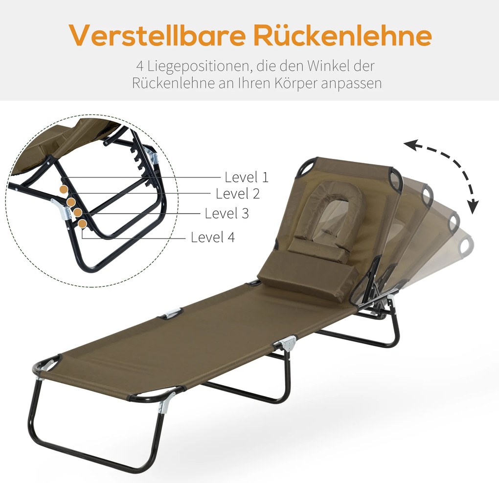 Outsunny Leżak Ogrodowy z Otworem na Twarz Praktyczny Komfort Brązowy 190x56x28cm | Aosom PL