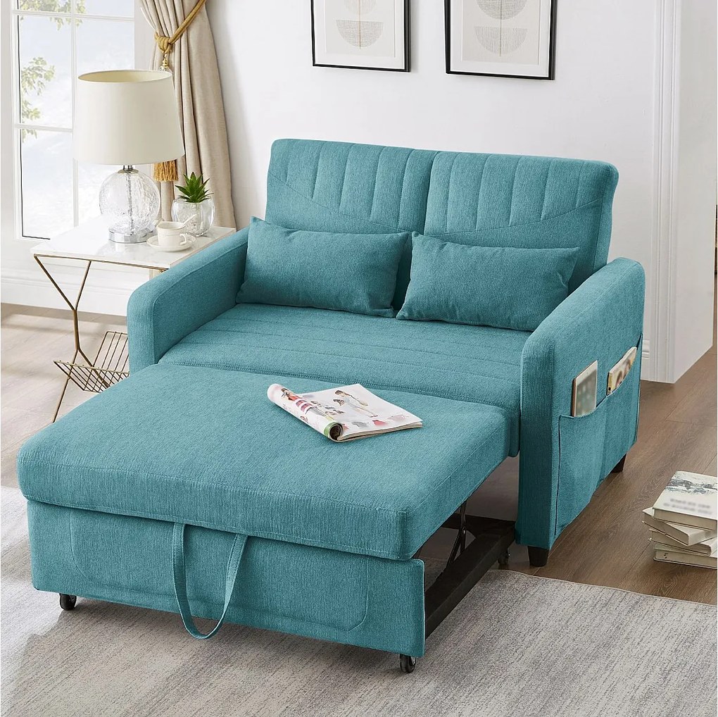 Sofa rozkładana 2-osobowa rozkładana - 95 x 120 cm - regulowane oparcie - tkanina bawełniano-lniana - niebieska