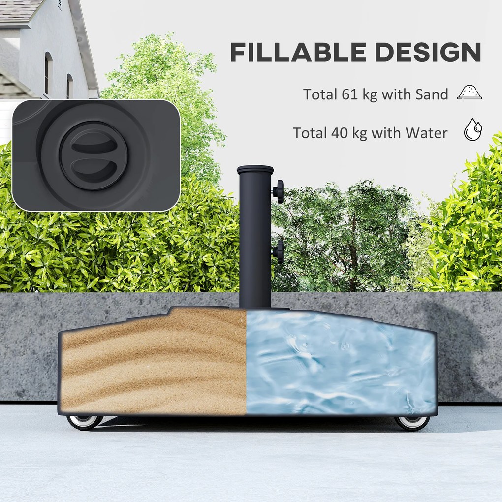 Outsunny Stojak na Parasol z Kółkami, Napełniany 61 kg Piaskiem/40 kg Wodą, Do Masztów Ø35, 38, 48 mm, Czarny | Aosom PL