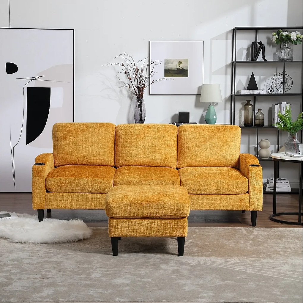 Żółta, 4-osobowa sofa modułowa Chenille z pufem ze schowkiem, uchwytami na kubki i kieszeniami bocznymi – do salonu