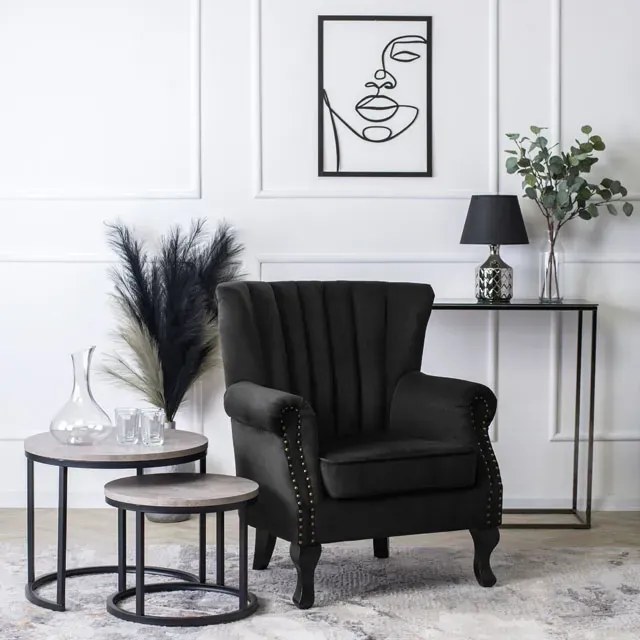 Czarny welurowy fotel uszak glamour - Reven
