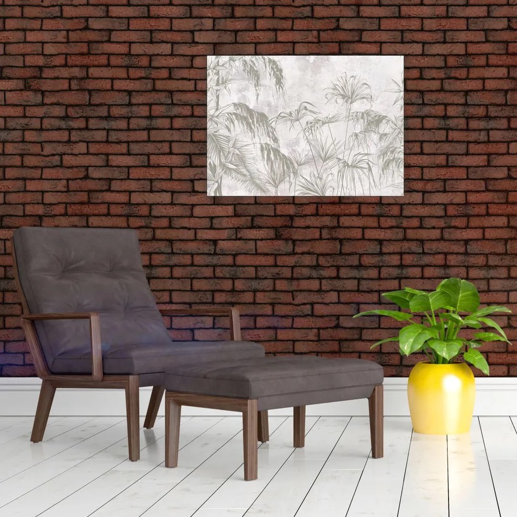 Obraz na szkle - Tropikalne rośliny na ścianie w kolorze szarym (70x50 cm)