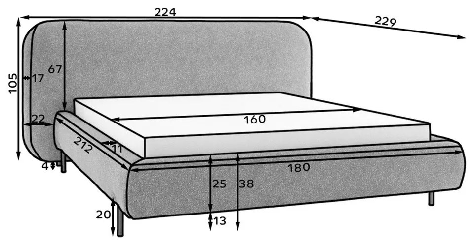 Szare tapicerowane łóżko dwuosobowe ze schowkiem ze stelażem 160x200 cm Pointt – ELTAP
