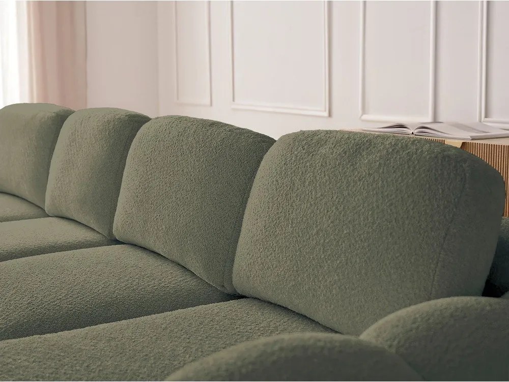 Zielony rozkładany narożnik z materiału bouclé ze schowkiem (prawostronny/z szezlongiem) Montaigne – Bobochic Paris