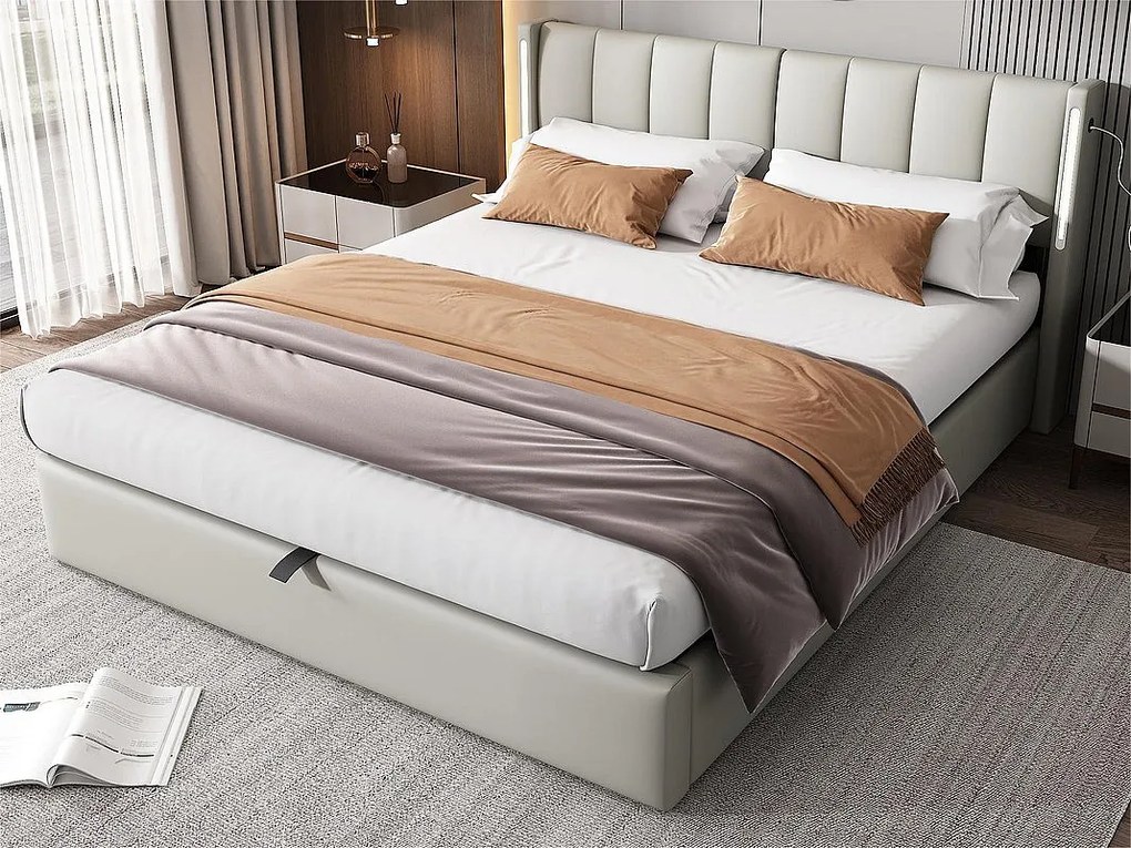 Łóżko z tapicerowanym zagłówkiem z ekoskóry - 160x200cm - z portem USB i LED - zagłówek z regulowanym kątem - Szary