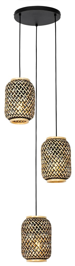 Orientalna lampa wisząca bambusowa z czarnym wykończeniem 3-światłowa - YvonneKolonialny Oswietlenie wewnetrzne