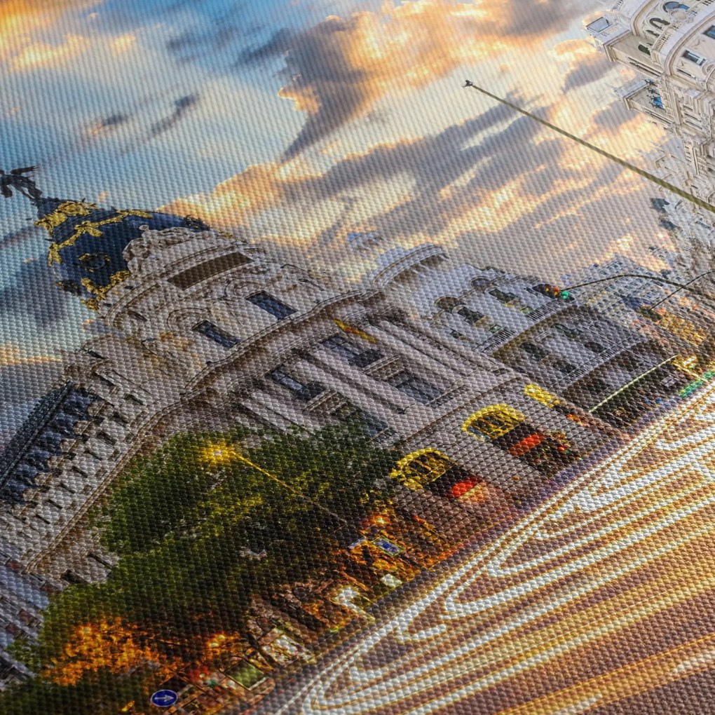 Obraz - Calle Gran Vía, Madryt, Hiszpania (z zegarem) (90x30 cm)
