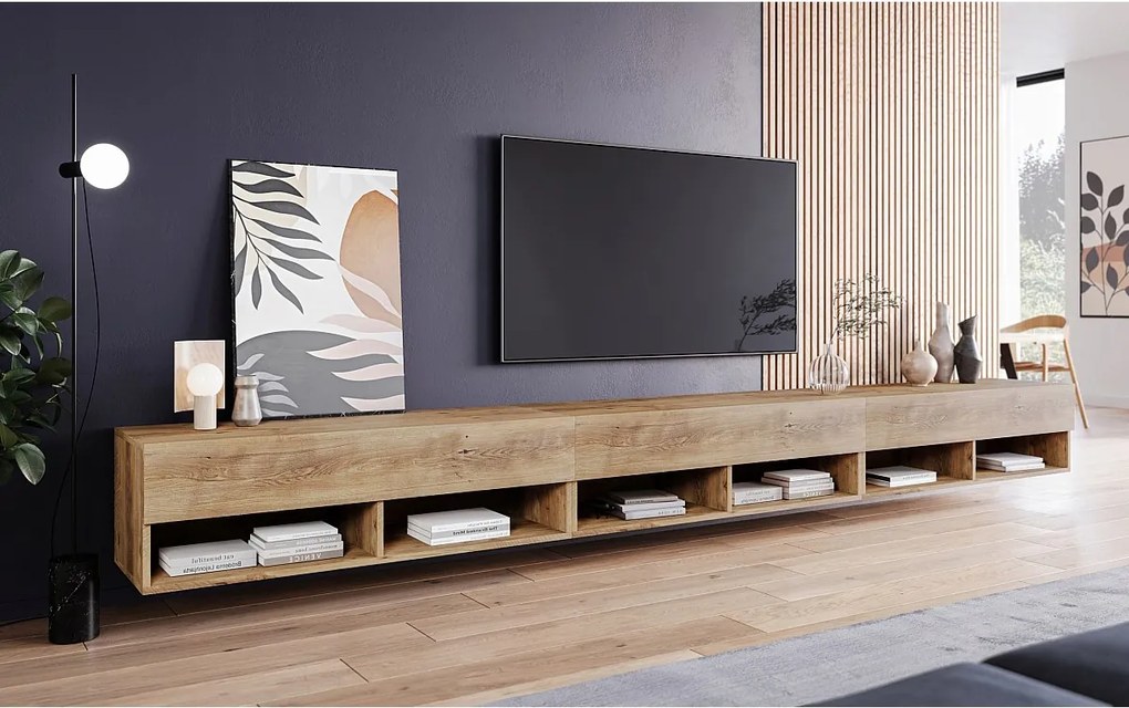 Nowoczesna szafka RTV 300 cm z LED – bezuchwytowa, kasztan, stojąca lub wisząca