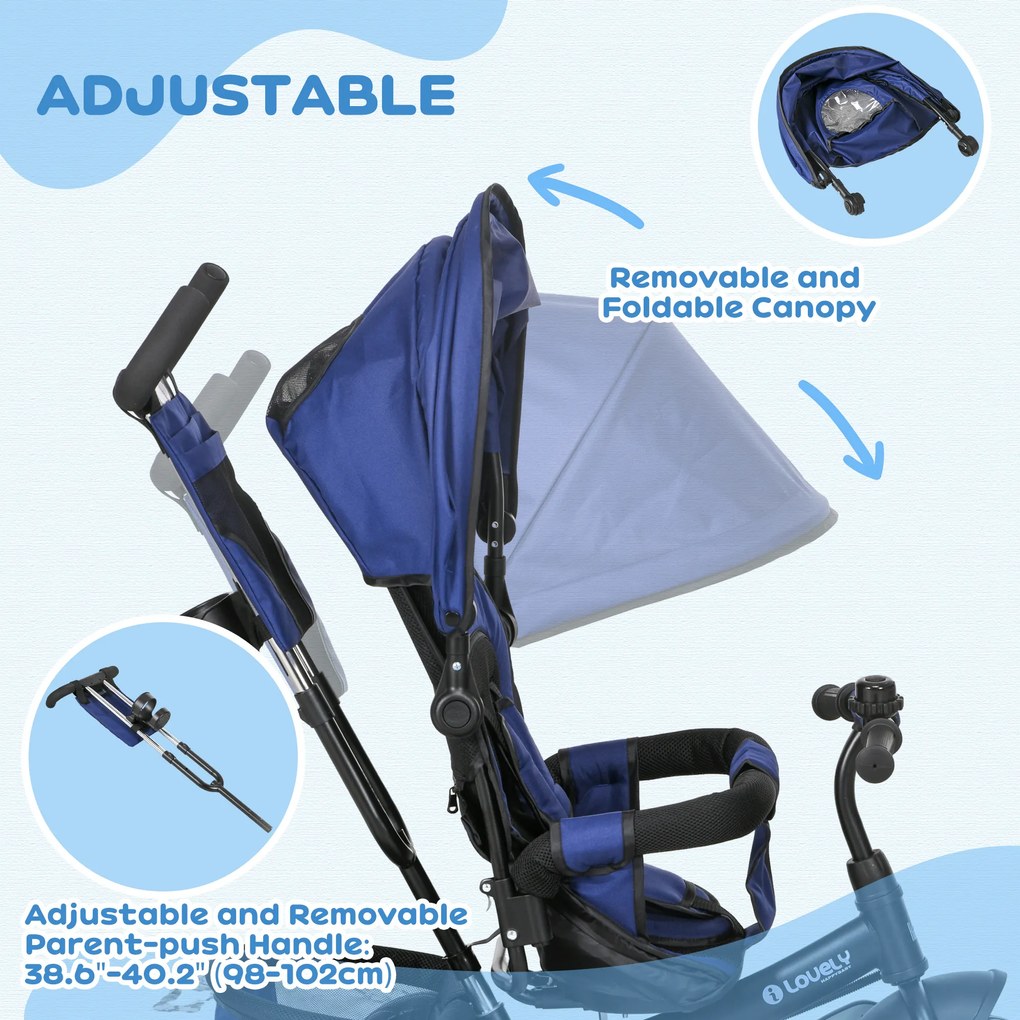 HOMCOM Trójkołowiec dla dzieci, Rower dziecięcy, Koszyk na plecy, Uchwyt na kubek, Daszek przeciwsłoneczny, Metal, Granatowy