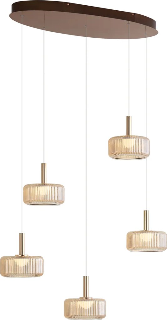 Designerska lampa wisząca Fiera, różowe złoto z bursztynowym szkłem, z LED, 3-stopniowe ściemnianie, 5-punktowa, Easylift
